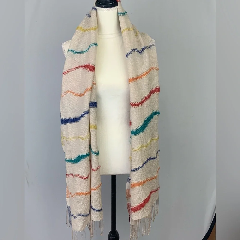 Ahujasons Wool Modal Cream Rainbow Striped Scarf Wrap Artsy Fringe Boho 26”x78”